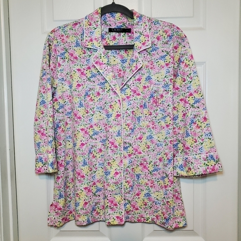 Lauren Ralph Cotton 2PC Capri Pajama Set Multi Flower Women Sz XL